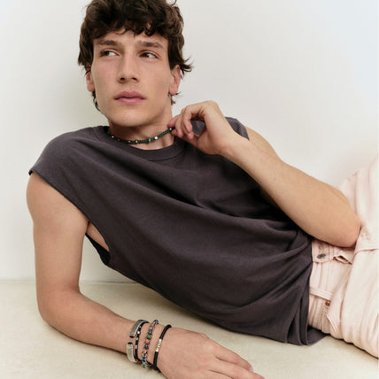 Breites Milos-Armband mit Cabochons, versilbert – schwarzer Basalt