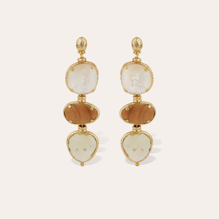 Pendientes Silène « Large size » dorados - Nácar blanco, madera y cuarzo ahumado