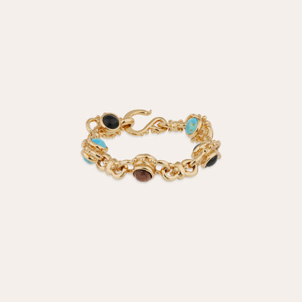 Pulsera « Amarante » multicolor dorada: turquesa, basalto negro y madera