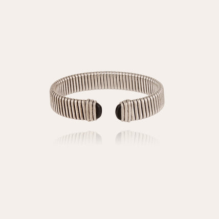 Breites Milos-Armband mit Cabochons, versilbert – schwarzer Basalt