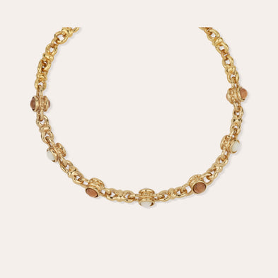 Amarante -Halskette mit Cabochons in verschiedenen Goldtönen – weißes Perlmutt & Holz