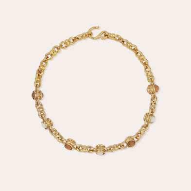 Amarante -Halskette mit Cabochons in verschiedenen Goldtönen – weißes Perlmutt & Holz