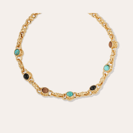 Collar « Amarante » con cabujones dorados - Turquesa, basalto negro y madera