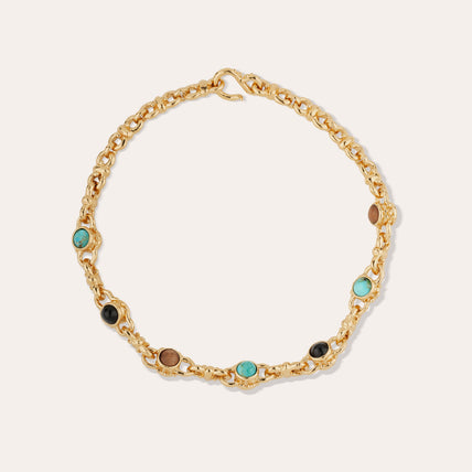 Collar « Amarante » con cabujones dorados - Turquesa, basalto negro y madera
