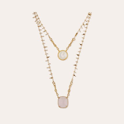 Collar con escapulario engastado en oro — Nácar blanco y cuarzo rosa