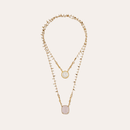 Collar con escapulario engastado en oro — Nácar blanco y cuarzo rosa