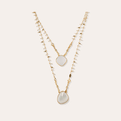 Collier Scapulaire Serti doré - Nacre blanche & Cristal