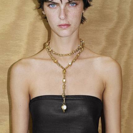 Collar largo « Amarante » con detalles dorados - Madera y nácar blanco