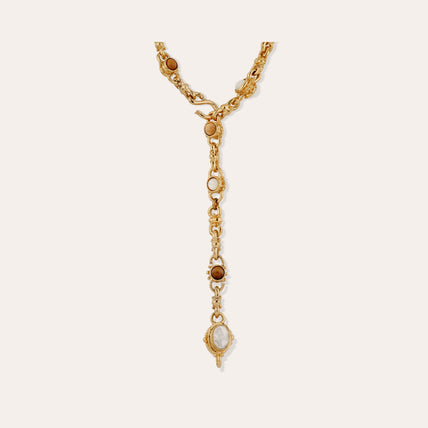 Collar largo « Amarante » con detalles dorados - Madera y nácar blanco
