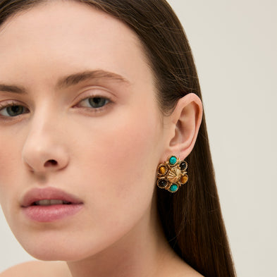 Boucles d'oreilles Augusta dorées - Turquoise & OEil de Tigre