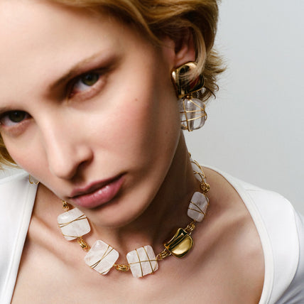 Boucles d'oreilles Rainbow Square dorées - Cristal de roche