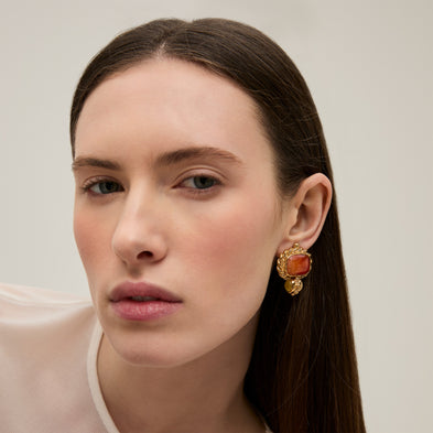 Pendientes « Amarante » con cabujones dorados - Cornalina
