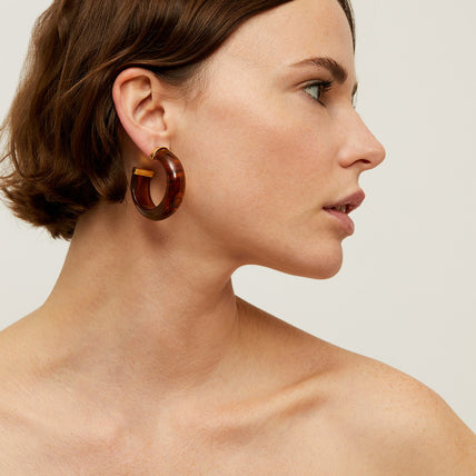 Boucles d'oreilles créoles Abalone acétate dorées - Marron