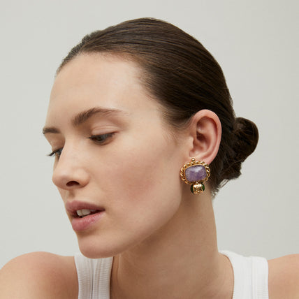 Boucles d'oreilles Amarante cabochons dorées - Améthyste