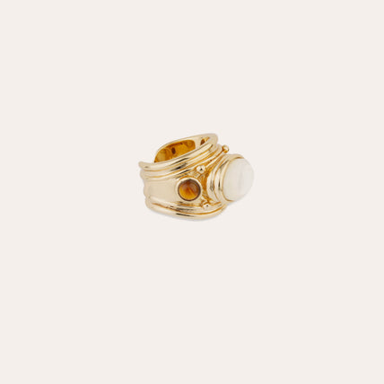 Bague Simone dorée -  OEil de Tigre & Nacre Blanche