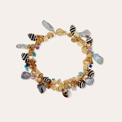 Bracelet de cheville Coki doré - Turquoise & Nacre grise
